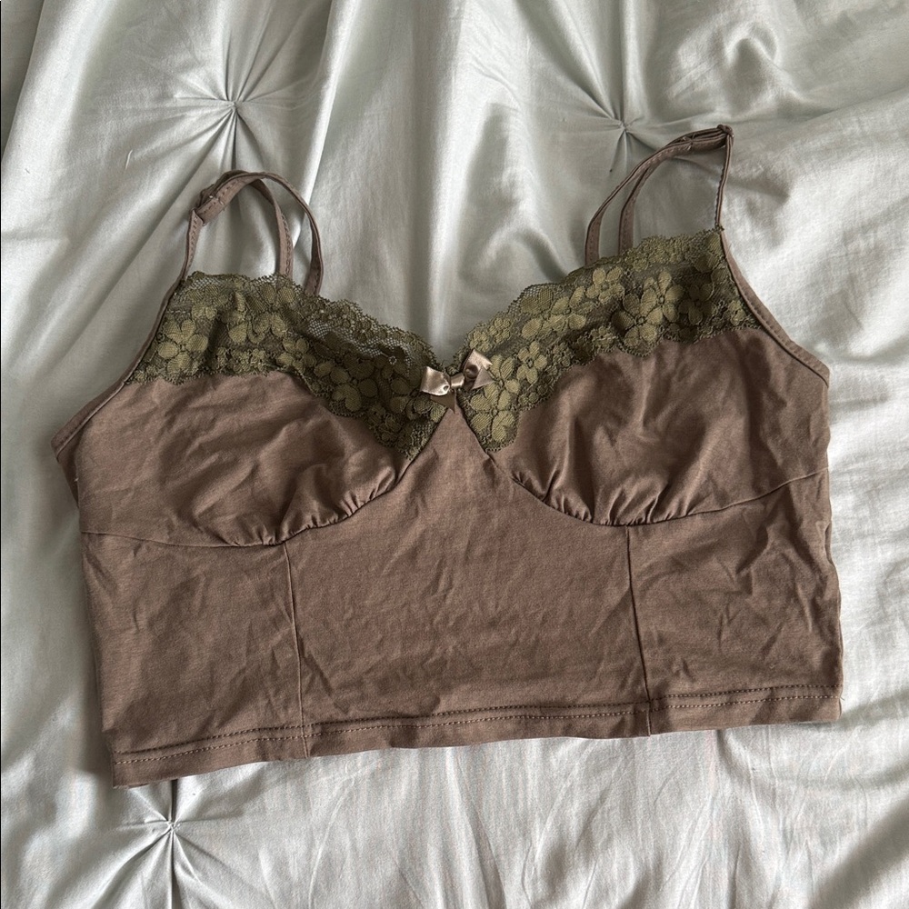 SHEIN Brown Longline Lace-Trim Bralette with Olive Lace